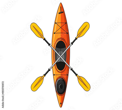An overhead view showcases a bright orange kayak with a dual tone paddle ready for water adventures