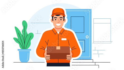 Friendly delivery worker delivering a package at the doorstep.