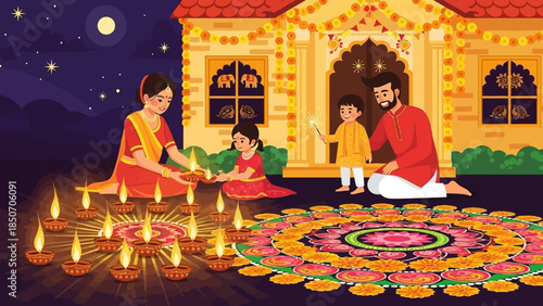 Colorful Diwali celebration with candlelight, rangoli artwork, and a joyful family gathering under the night sky.