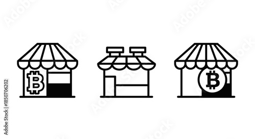 Bitcoin Storefront Icons Set – Cryptocurrency Shop, Digital Currency Market, Blockchain Retail, Crypto Payment Line Vector Illustration