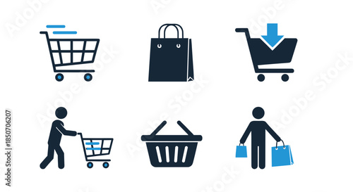 Shopping and Retail Icons Set – Cart, Basket, Shopping Bag, Customer, Purchase and E-commerce Vector Illustration