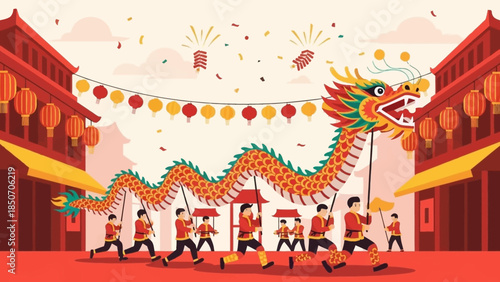 Vibrant Dragon Dance Street Celebration During Chinese New Year Festivities With Lanterns And Drums.