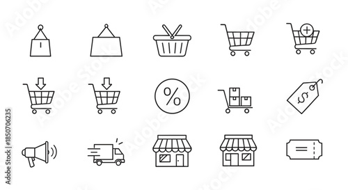 E-commerce and Shopping Line Icons Set – Cart, Basket, Discount, Delivery, Store, Price Tag, Online Retail Vector Illustration