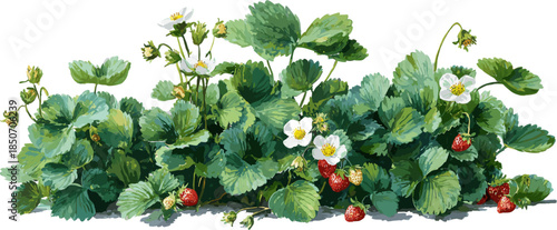 watercolor illustration of bushes of leaves, flowers and strawberries, clipart, isolated on white background