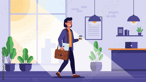 Professional man walking with a briefcase in a modern office lobby reception.