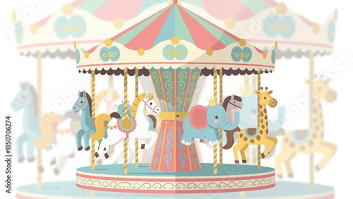 Pastel Carousel at a Cheerful Fairground with Riders and Horses in a Whimsical Park Scene.