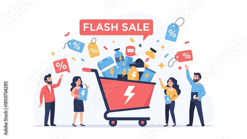 Vibrant flash sale scene with a shopping cart, cheering shoppers, and digital devices illustrating online deals.