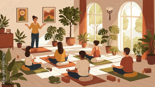 Group yoga and meditation class in a sunlit studio with plants and students.
