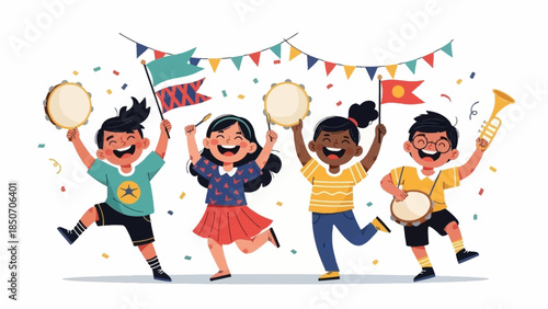 Joyful group of friends dancing and celebrating at a colorful outdoor party.