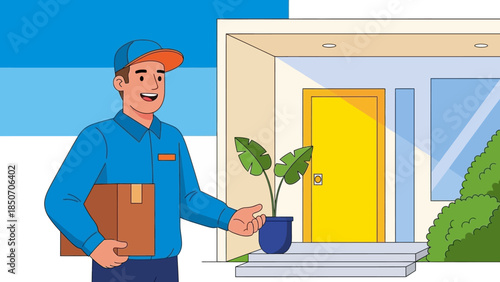 Delivery Person Presents Package at Residential Doorstep, Welcoming Homeowner.