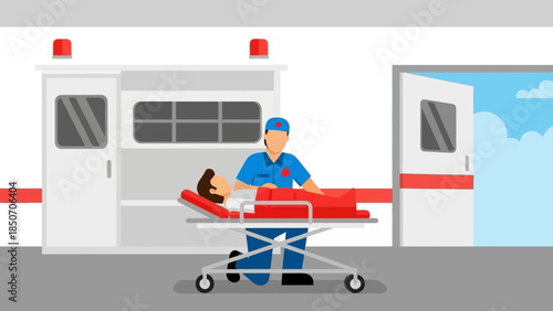 Medical Team Rushing a Patient on a Stretcher through Hospital Entrance During an Emergency Scene.