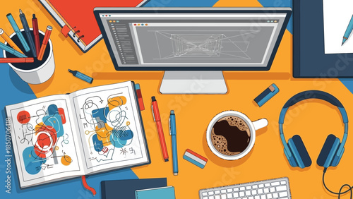 Vibrant Creative Workspace with Laptop, Sketchbooks, and Colorful Accessories on a Bright Desk.