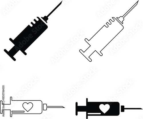 Love Injection Syringe Vector Icons – Medical Vaccine and Heart Cure Symbols