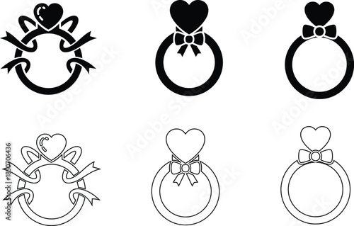 Heart Shaped Ring with Ribbon Vector Icons – Wedding Jewelry and Gift Symbols