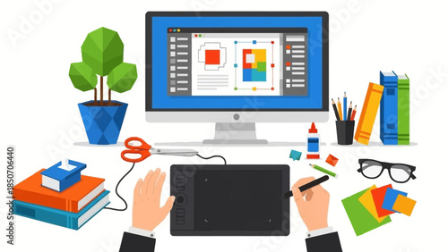 Modern home office desk setup featuring computer monitor tablet plants and stationery.