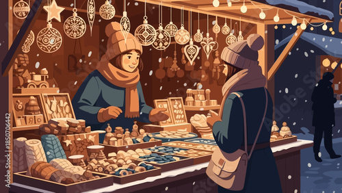 Bustling evening market stall with illuminated pastries and shoppers at a festive outdoor fair.