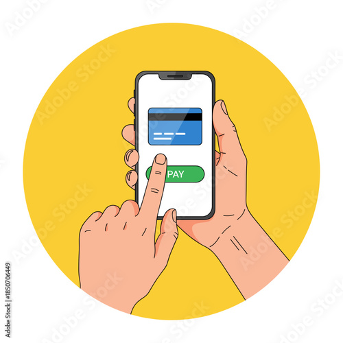 Mobile Payment via Smartphone – Finger Tapping Pay Button, Digital Wallet, Contactless Payment, Online Transaction Vector Illustration