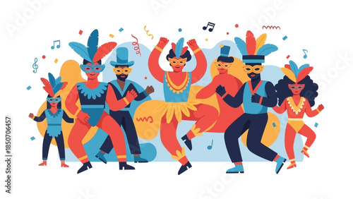 Vibrant group of people dancing and celebrating at a colorful festive party scene.