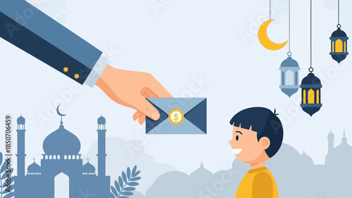 Almsgiving Scene: Generosity to a Child with Mosque Lanterns in the City.