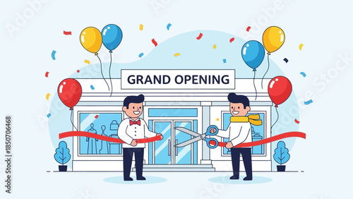 Grand Opening Ribbon Cutting Ceremony at New Storefront with Balloons and Celebrations.