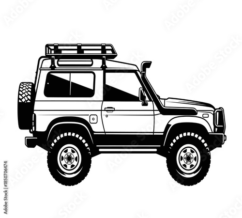 A detailed black and white illustration showcases a rugged off road vehicle with a roof rack and snorkel