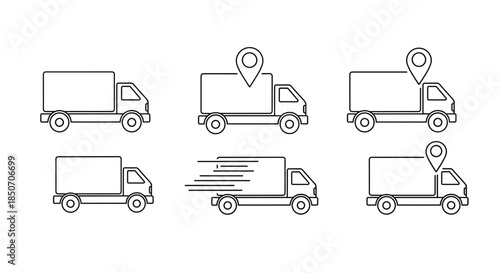 Delivery Truck with Location Pin Icons Set – Logistics, Shipping, Courier Service, Transportation, Tracking, Delivery Concept Vector Illustration