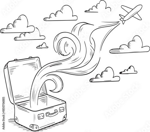 Hand- Drawn Sketch of Open Suitcase with Airplane and Swirling Smoke travel flight