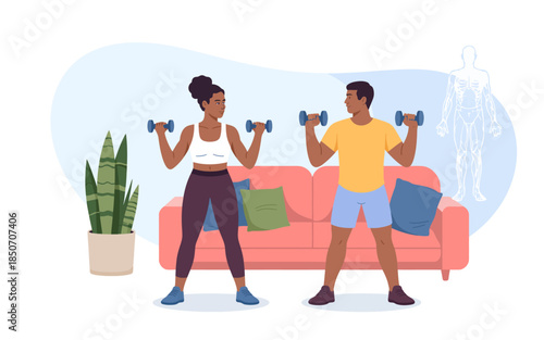 A couple exercises at home using dumbbells, showcasing a healthy lifestyle. The background features a sofa and plants, promoting a warm and active atmosphere indoors.