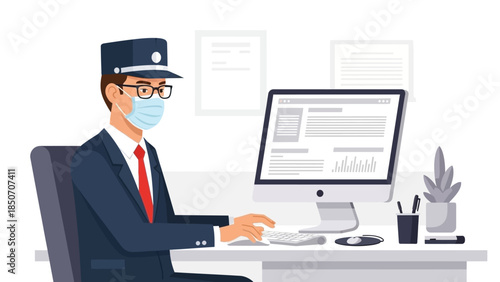 Business professional at a desk using computer in a modern office setting.