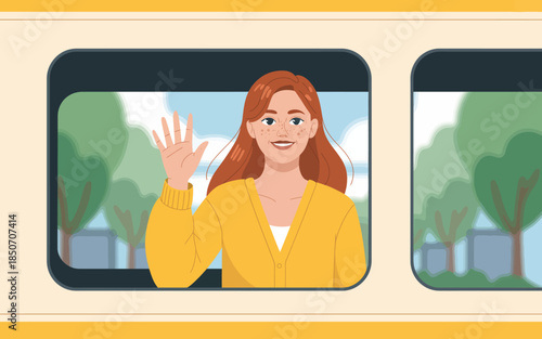 A young girl smiles and waves from a train window, capturing a moment of joy and excitement during travel, embodying the spirit of adventure and connection in a sunny setting.