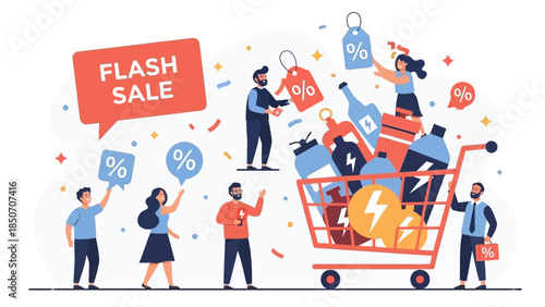 Busy shoppers celebrate a flash sale with a large shopping cart and colorful storefronts.