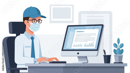 Professional man at computer workstation in a modern office environment working with data and graphs.