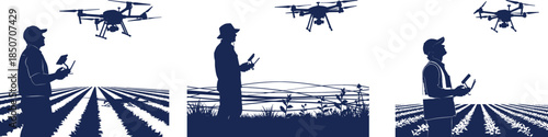 Silhouette of Farmers Using Drones for Precision Agriculture and Smart Crop Monitoring