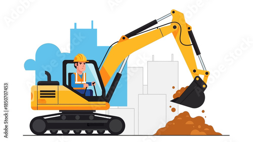 Cartoon construction excavator operating at a busy building site with dirt and machinery on urban terrain.