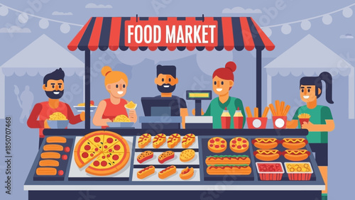 Bright cartoon food market stall with pizza, pastries, and fresh produce on display for shoppers.