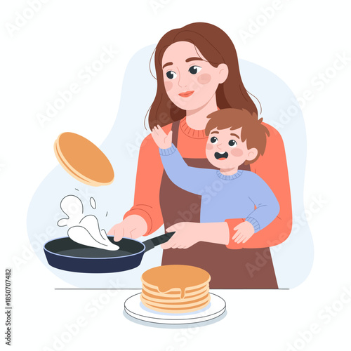 A heartwarming scene of a mother cooking pancakes while her cheerful child joyfully watches, capturing the essence of family bonding and the joy of cooking together.