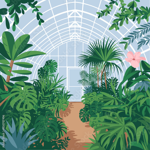 A serene and inviting greenhouse filled with a variety of tropical plants, showcasing lush greenery, brightness, and tranquility, perfect for nature lovers and gardening enthusiasts.