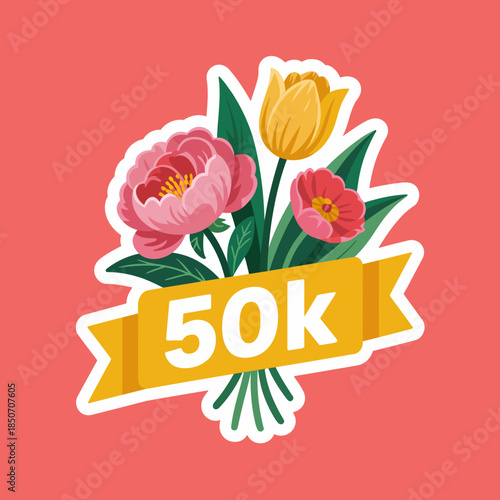 This eye-catching image showcases a vibrant bouquet of flowers along with a celebratory '50k' banner, perfect for representing achievements and milestones in a fun manner.