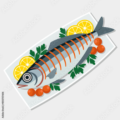 A stylized dish featuring a beautifully arranged fish with vibrant lemon slices and fresh vegetables, suitable for culinary presentations or stock images.