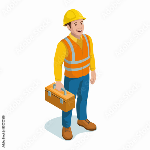 A friendly construction worker wearing a safety vest and helmet smiles confidently while holding a toolbox, embodying the spirit of hard work and commitment in building.