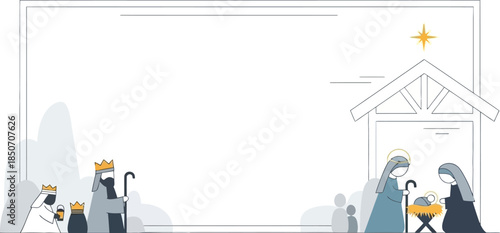 Minimalist nativity scene illustration with the Three Wise Men and the Holy Family, ideal for Christmas cards and religious designs