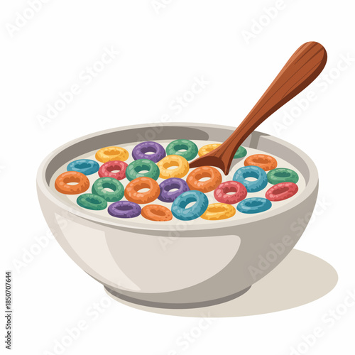 This image features a bowl filled with vibrant cereal and a wooden spoon, symbolizing breakfast joy and childhood nostalgia with a bright, appealing design style.