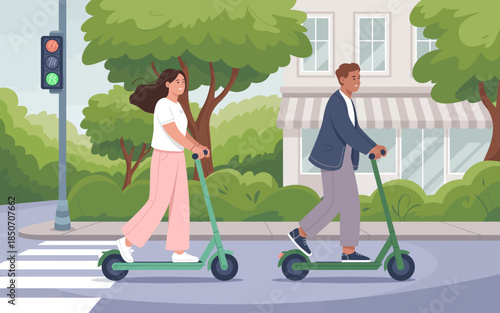 Two friends are riding scooters together in an urban setting, representing friendship, adventure, and the joy of outdoor activities in a vibrant cityscape.