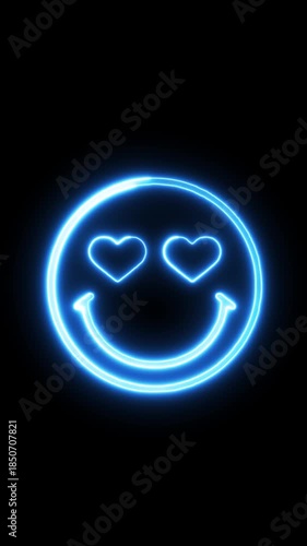 Neon blue glowing smiley face emoji with heart-shaped eyes on a black background, representing love and happiness
