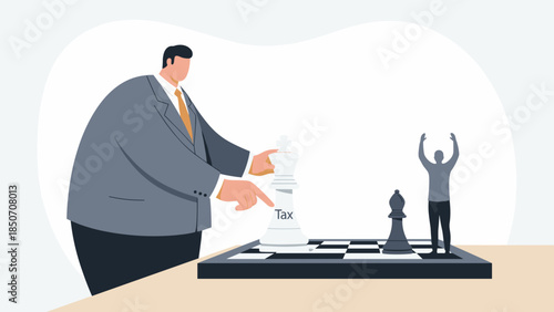Strategic financial planning and tax management concept with a businessman moving a 'Tax' piece on a chessboard, symbolizing overcoming fiscal challenges for success