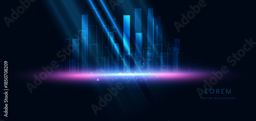 Futuristic glowing night cityscape on dark blue background with lighting effect and sparkle.