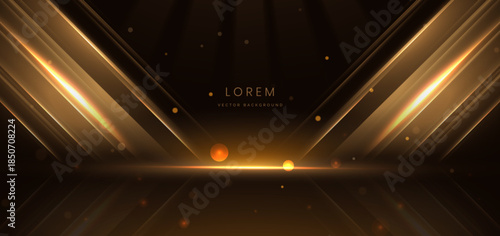 Scene elegant gold glowing beam with lighting effect sparkle on black background.
