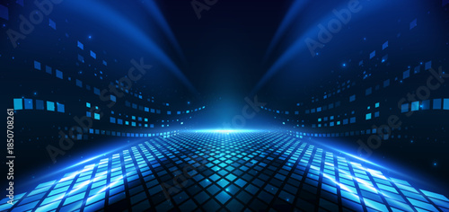 Cyberspace with blue ligthing effect and square pattern decor. Scence background digital data communication.