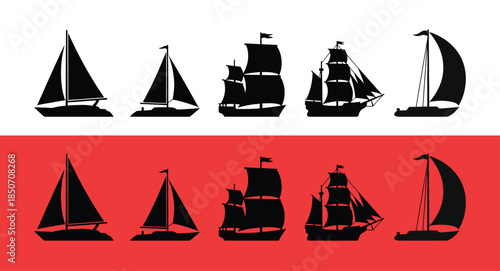 Silhouette of various sailboats on white and red backgrounds