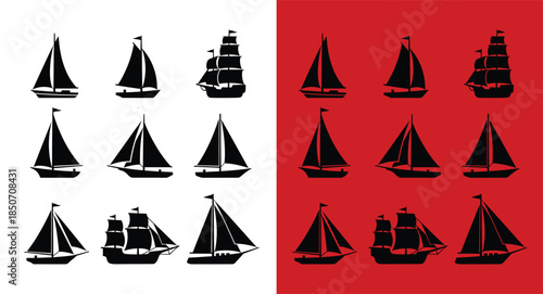 Sailboats silhouettes on red and white background